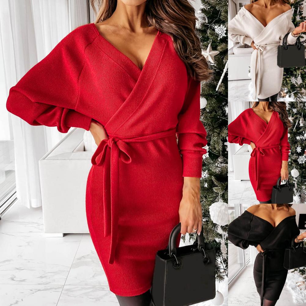 Women's Belted Sweater Dress with Wrap V Neck | Batwing Sleeves, Soft Knit, Above the Knee | Sizes S-2XL, 3 Colors