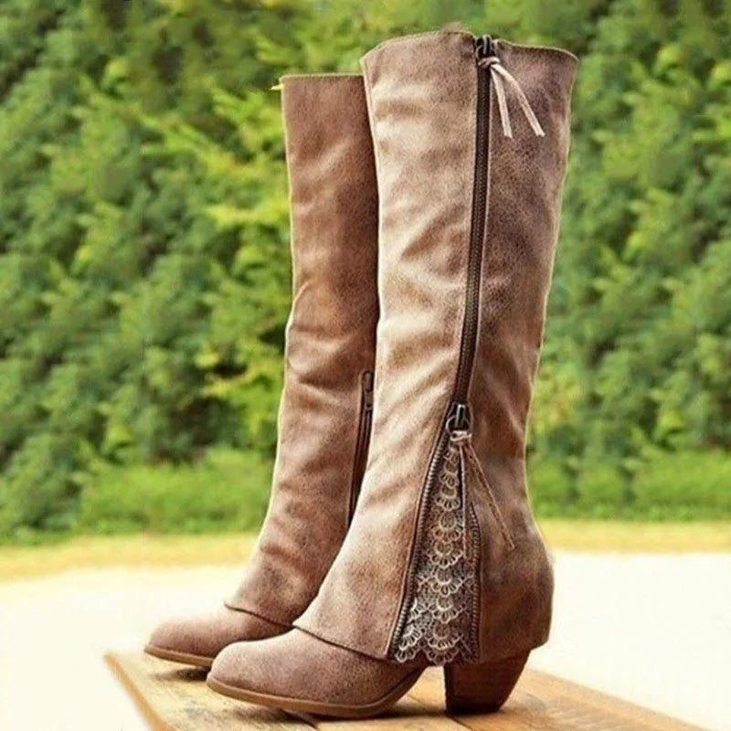 Women's Block Heel Knee High Boots with a Lace Inspired Panel | Full Length Side Zip, Tassel Pull | Sizes 4-11, 3 Colors