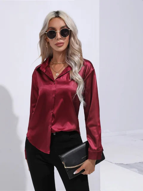 Women's Satin Button Up Blouse | Long Sleeves with Buttoned Cuffs, Relaxed Cut | Sizes XS to 3XL, 14 Colors