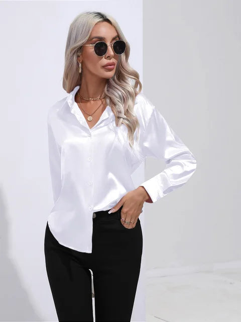 Women's Satin Button Up Blouse | Long Sleeves with Buttoned Cuffs, Relaxed Cut | Sizes XS to 3XL, 14 Colors