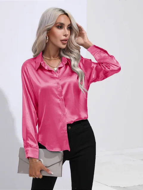 Women's Satin Button Up Blouse | Long Sleeves with Buttoned Cuffs, Relaxed Cut | Sizes XS to 3XL, 14 Colors