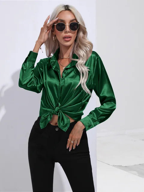 Women's Satin Button Up Blouse | Long Sleeves with Buttoned Cuffs, Relaxed Cut | Sizes XS to 3XL, 14 Colors