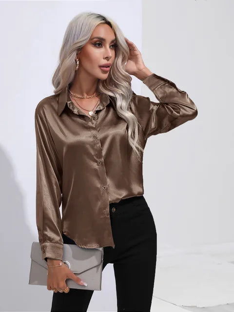 Women's Satin Button Up Blouse | Long Sleeves with Buttoned Cuffs, Relaxed Cut | Sizes XS to 3XL, 14 Colors