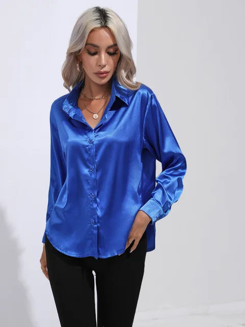 Women's Satin Button Up Blouse | Long Sleeves with Buttoned Cuffs, Relaxed Cut | Sizes XS to 3XL, 14 Colors