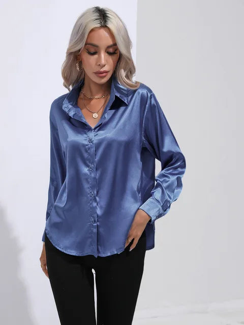 Women's Satin Button Up Blouse | Long Sleeves with Buttoned Cuffs, Relaxed Cut | Sizes XS to 3XL, 14 Colors