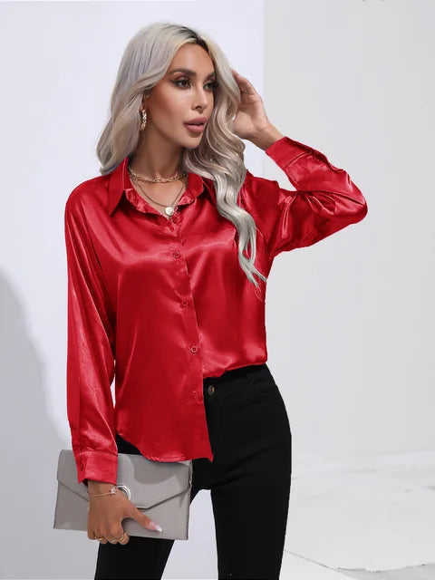 Women's Satin Button Up Blouse | Long Sleeves with Buttoned Cuffs, Relaxed Cut | Sizes XS to 3XL, 14 Colors