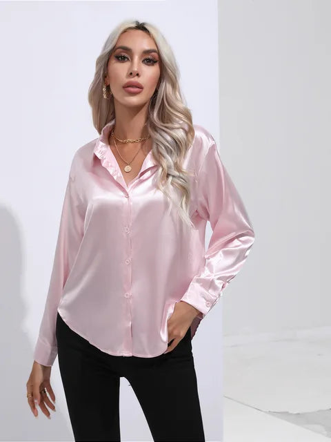 Women's Satin Button Up Blouse | Long Sleeves with Buttoned Cuffs, Relaxed Cut | Sizes XS to 3XL, 14 Colors
