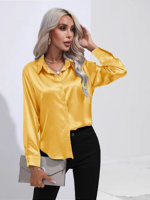 Women's Satin Button Up Blouse | Long Sleeves with Buttoned Cuffs, Relaxed Cut | Sizes XS to 3XL, 14 Colors