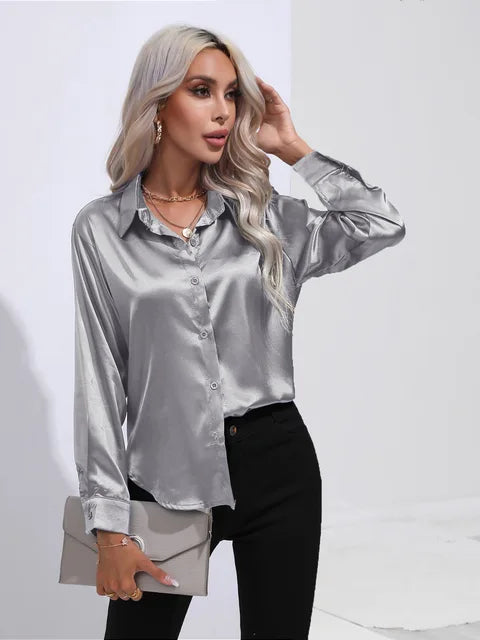 Women's Satin Button Up Blouse | Long Sleeves with Buttoned Cuffs, Relaxed Cut | Sizes XS to 3XL, 14 Colors