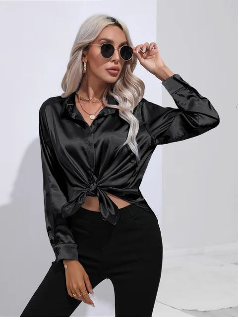 Women's Satin Button Up Blouse | Long Sleeves with Buttoned Cuffs, Relaxed Cut | Sizes XS to 3XL, 14 Colors