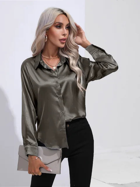 Women's Satin Button Up Blouse | Long Sleeves with Buttoned Cuffs, Relaxed Cut | Sizes XS to 3XL, 14 Colors
