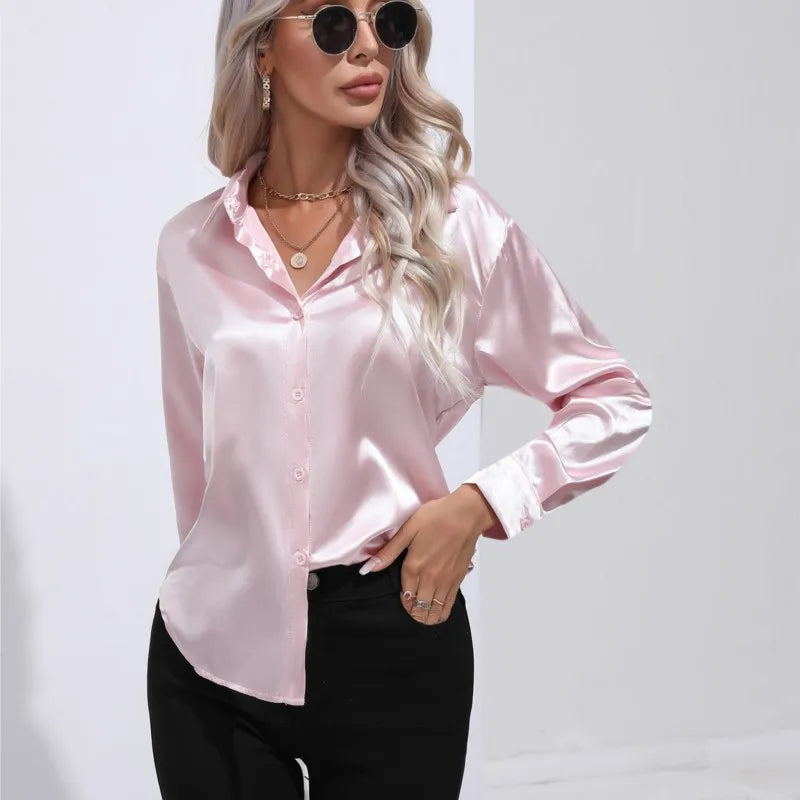 Women's Satin Button Up Blouse | Long Sleeves with Buttoned Cuffs, Relaxed Cut | Sizes XS to 3XL, 14 Colors