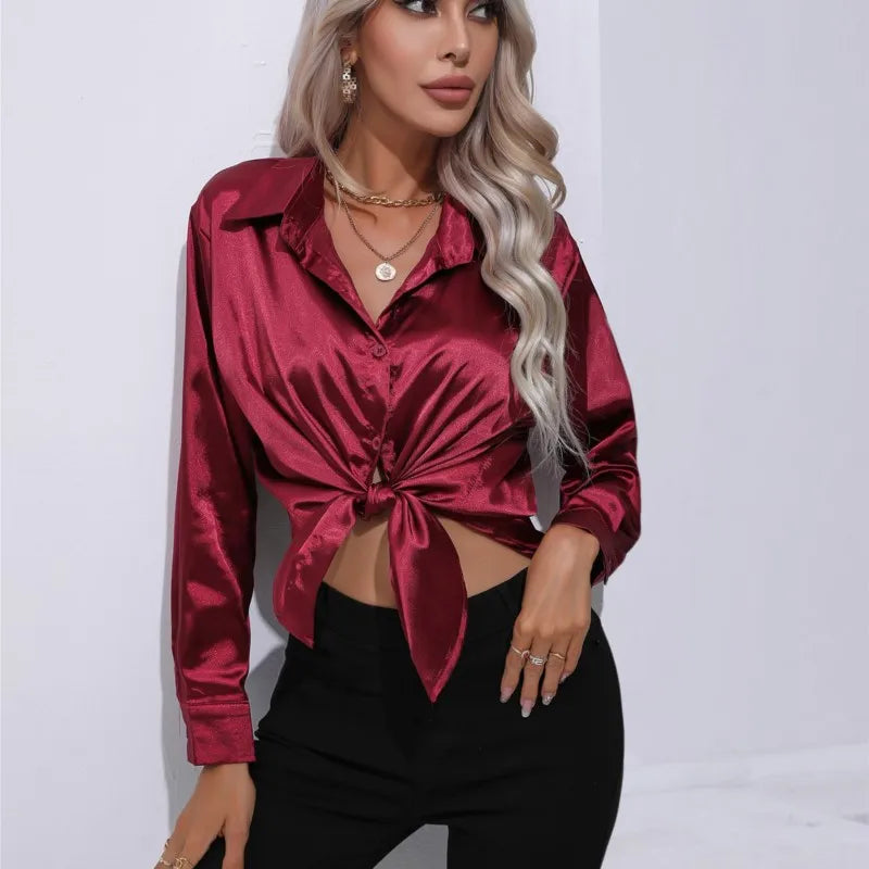 Women's Satin Button Up Blouse | Long Sleeves with Buttoned Cuffs, Relaxed Cut | Sizes XS to 3XL, 14 Colors