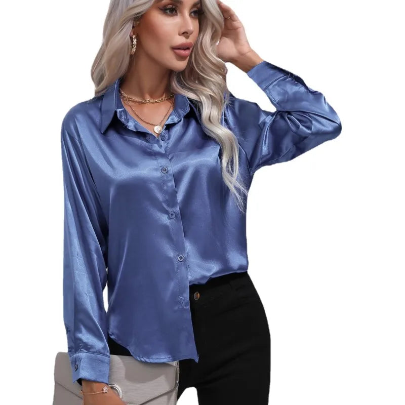 Women's Satin Button Up Blouse | Long Sleeves with Buttoned Cuffs, Relaxed Cut | Sizes XS to 3XL, 14 Colors