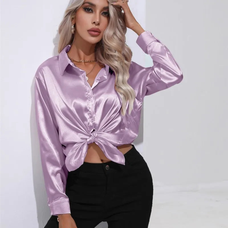 Women's Satin Button Up Blouse | Long Sleeves with Buttoned Cuffs, Relaxed Cut | Sizes XS to 3XL, 14 Colors