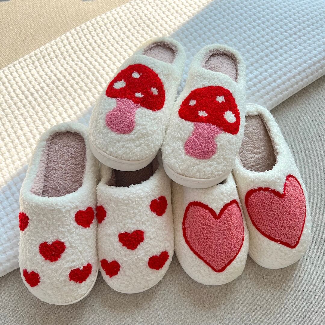 Women's Mule Slippers with a Red Heart Motif | Soft Plush Upper, Open Back, Non Slip Sole | Sizes 5.5-9.5