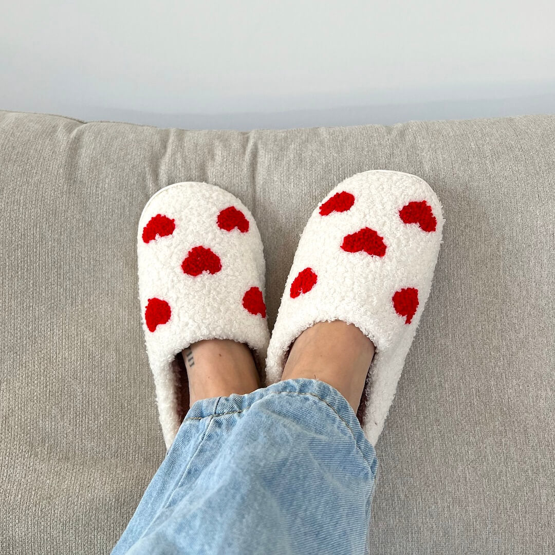 Women's Mule Slippers with a Red Heart Motif | Soft Plush Upper, Open Back, Non Slip Sole | Sizes 5.5-9.5
