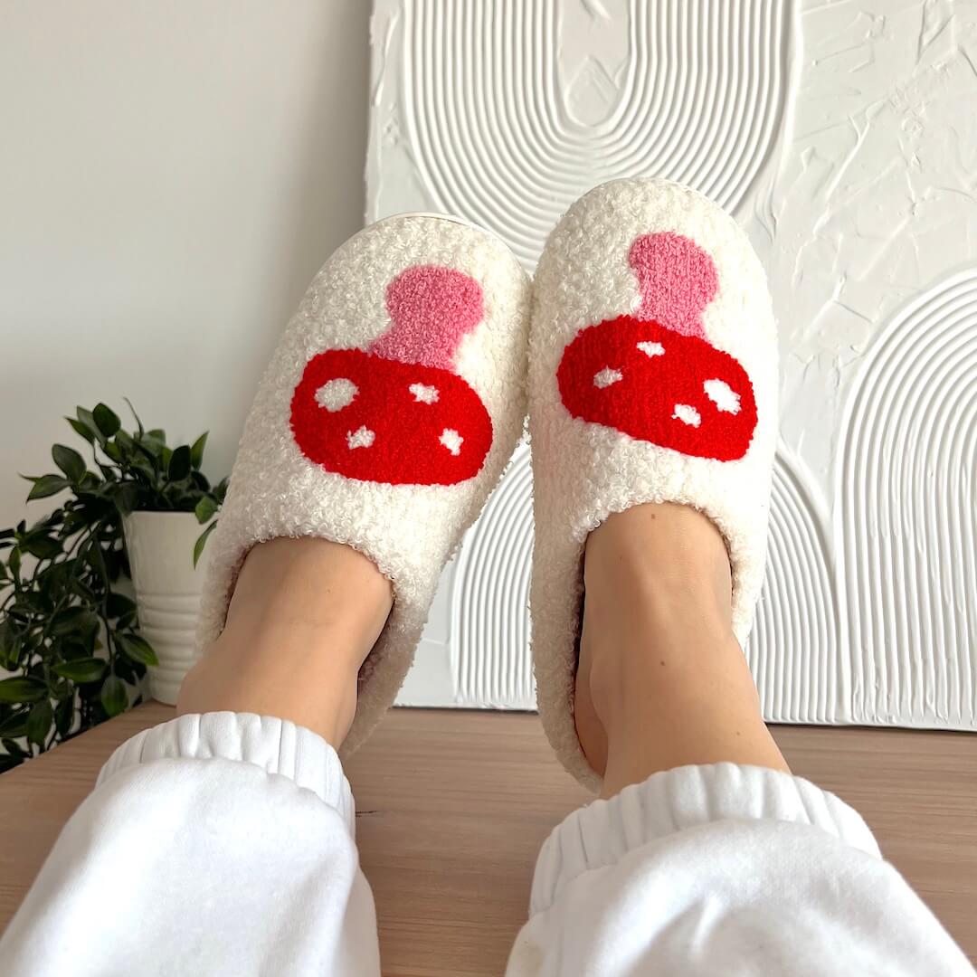 Women's Mule Slippers with a Red Heart Motif | Soft Plush Upper, Open Back, Non Slip Sole | Sizes 5.5-9.5