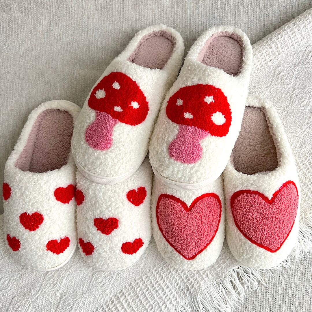 Women's Mule Slippers with a Red Heart Motif | Soft Plush Upper, Open Back, Non Slip Sole | Sizes 5.5-9.5