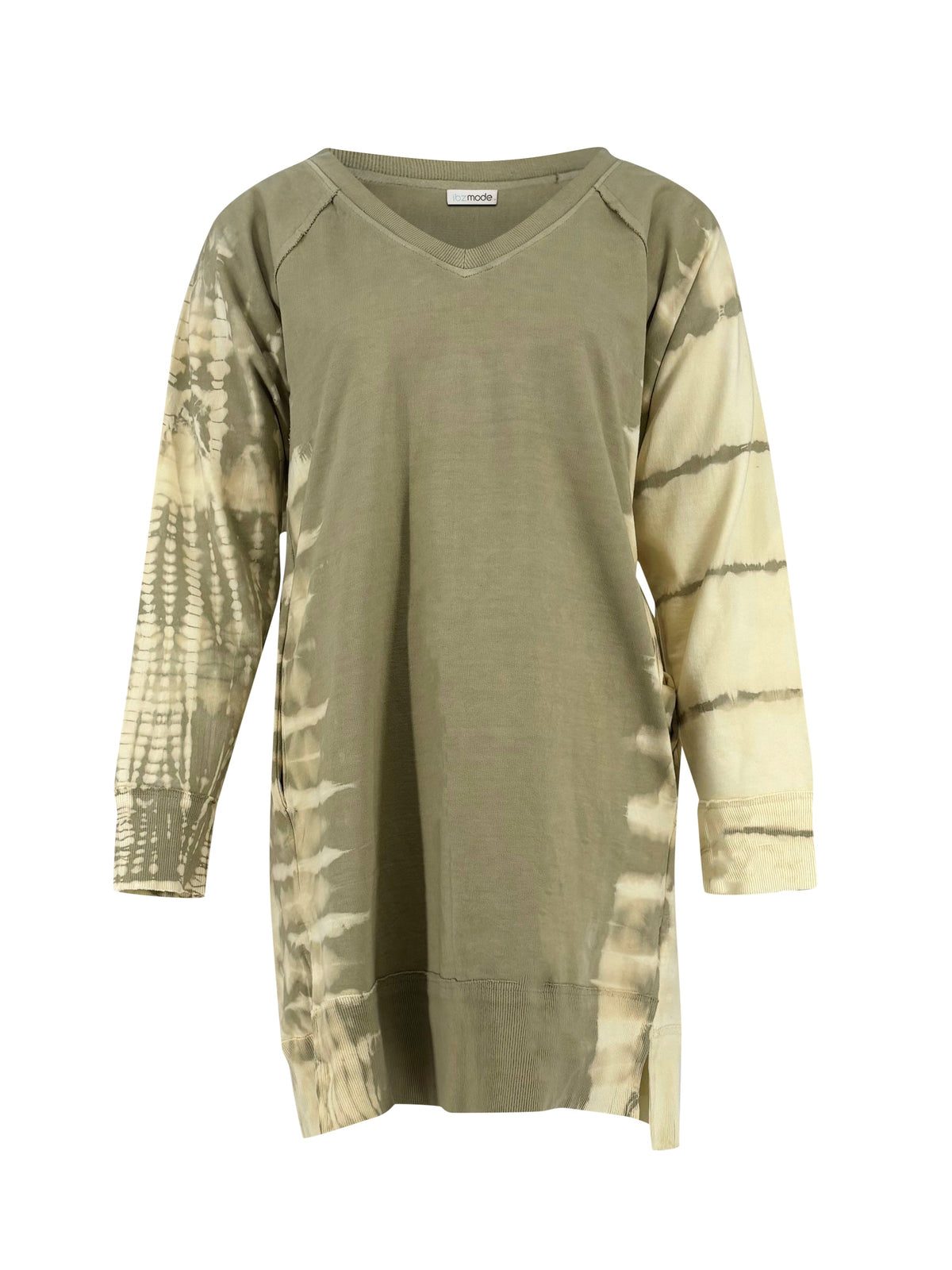 Women's Long Sleeve Mini Dress with V Neck and Side Slits | Soft Relaxed Shape, Tie Dye Pattern | Sizes XS/S to XL/2XL in Khaki