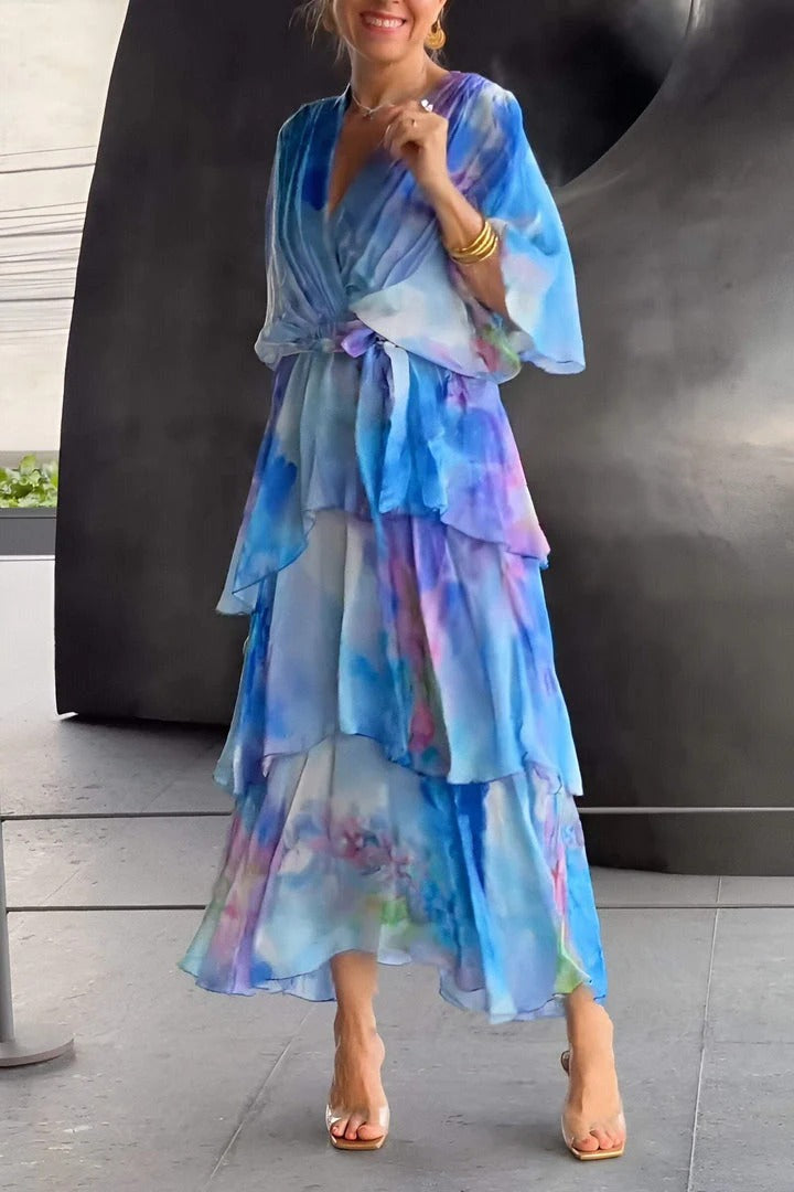 Women's Blue Cocktail Dress with a V Neck | Soft Draping, Defined Waist and a Flowing Skirt | Size S-3XL