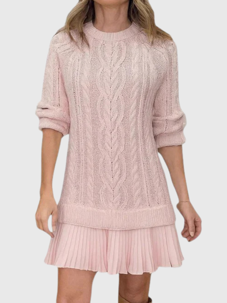 Women's Sweater Dresses for Fall in Cable Knit | Pleated Hem Flounce, Round Neck, Long Sleeves | Sizes S-3XL, 5 Colors
