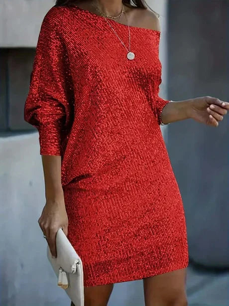 Women's One Shoulder Sequin Mini Dress | Loose Fit Formal Look for Evening Events | Sizes S to 3XL, 7 Colors