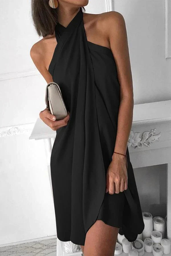 Women's Satin-Finish Halter Neck Mini Dress | Criss-Cross Drape Front for Parties | Sizes XS to 3XL, 4 Colors