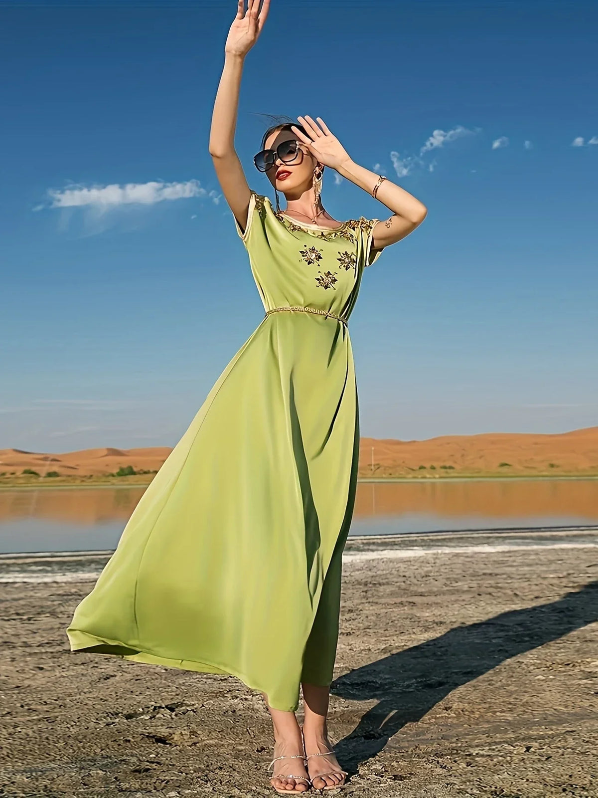 Women's Midi Cocktail Dress with Rhinestone Detail | Satin Finish for Galas and Parties | Sizes S to 2XL, Green