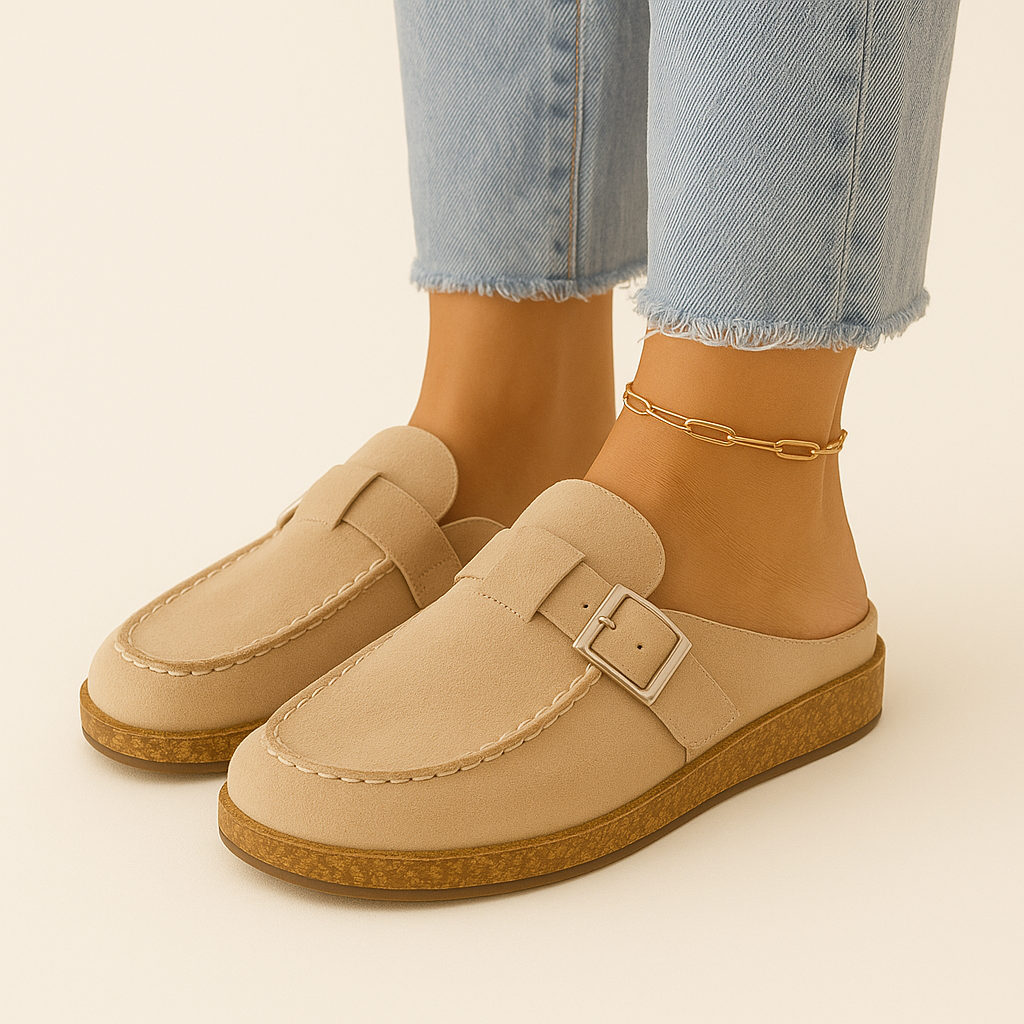 Women's Clog Slippers with an Adjustable Buckle Strap | Faux Suede Mules on a Cork Look Platform Sole | Sizes 5.5 to 11