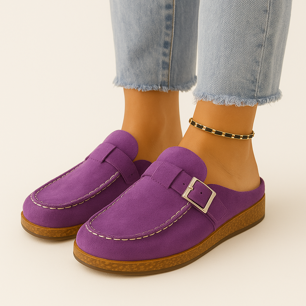 Women's Clog Slippers with an Adjustable Buckle Strap | Faux Suede Mules on a Cork Look Platform Sole | Sizes 5.5 to 11