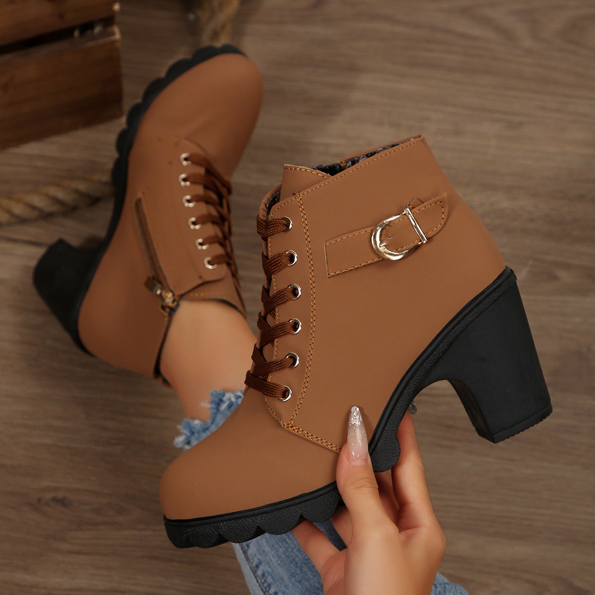 Women's Block Heel Ankle Boots with Gold Tone Eyelets | Buckle Tab, Side Zip, Deep Lug Outsole | Sizes 5.5-10, 6 Colors