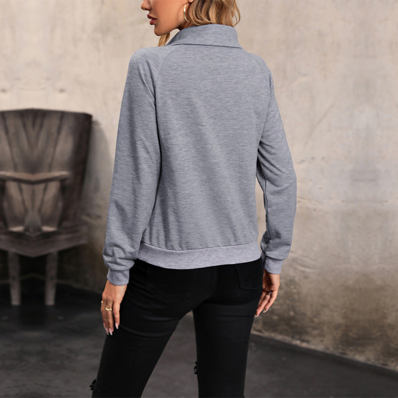Women's Light Grey Collared Sweatshirt with Long Sleeves | Casual Pullover Top for Fall and Everyday Wear | Size S-XL