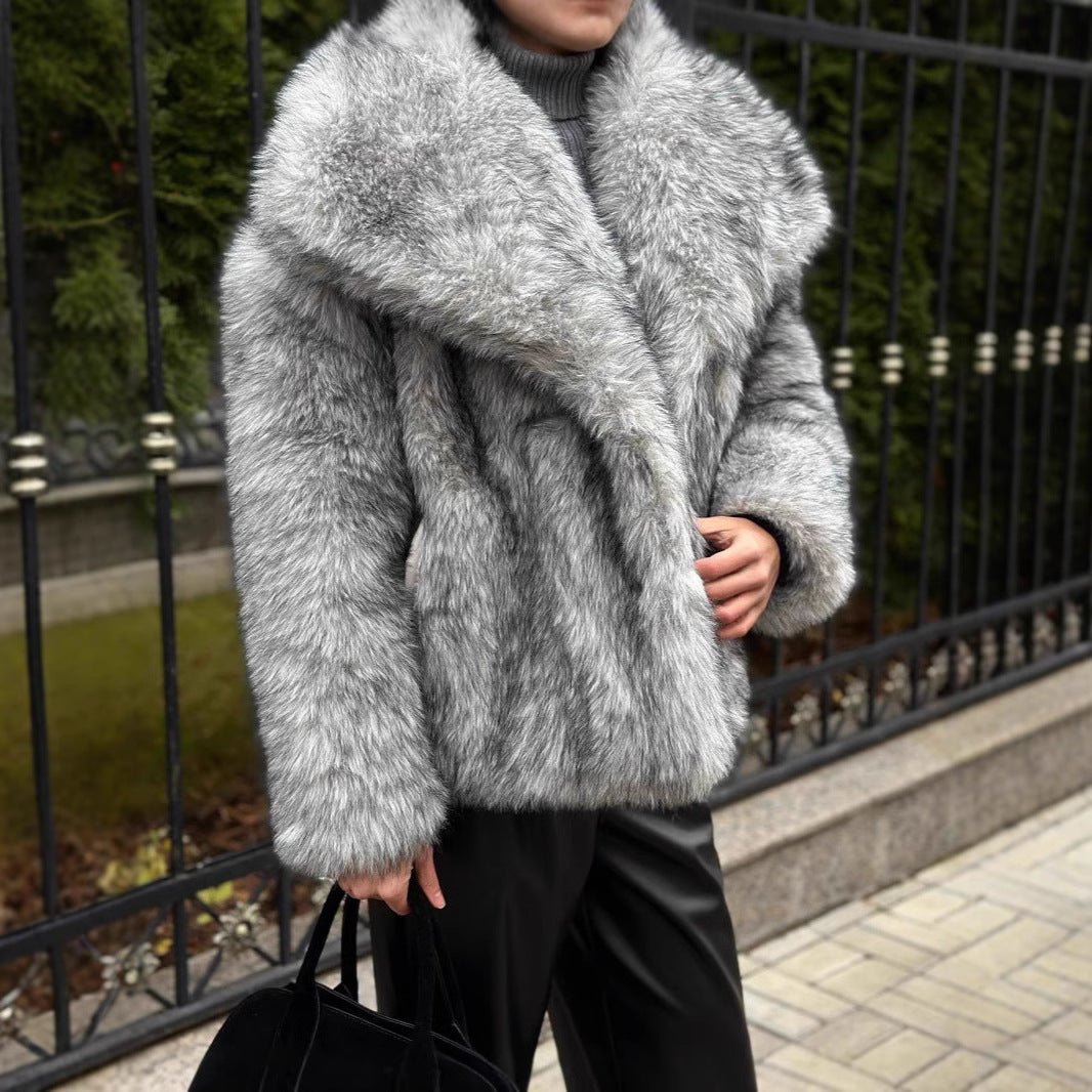 Women's Grey Faux Fur Jacket with Oversized Collar and Zip Front | Relaxed Fit Hip Length Winter Coat | Size S-2XL