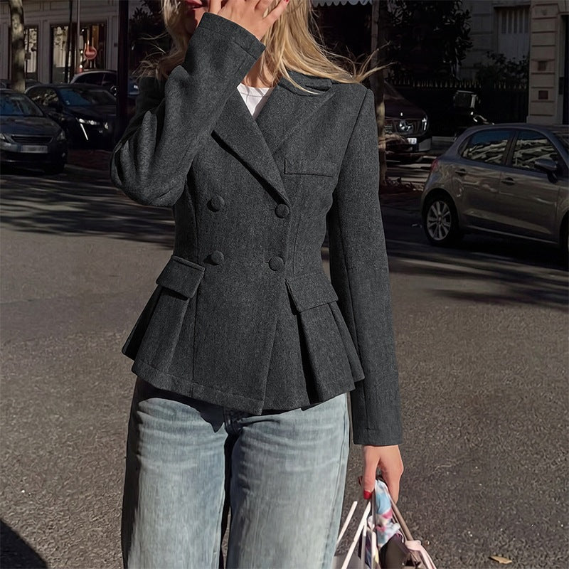 Women's Double Breasted Peplum Blazer with Lapels | Lined, Flap Pockets, Fitted Dark Grey Jacket with Slim Sleeves | Size S-XL