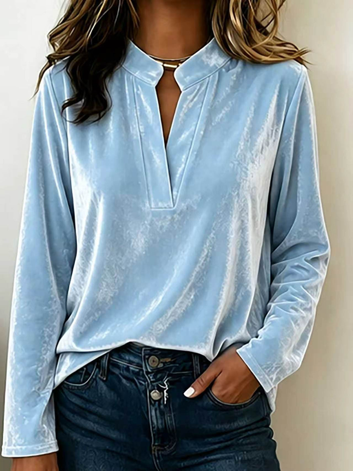 Women's Velvet Top with Stand Collar and Deep V Opening | Long Sleeves, Loose Cut | Sizes S to 3XL