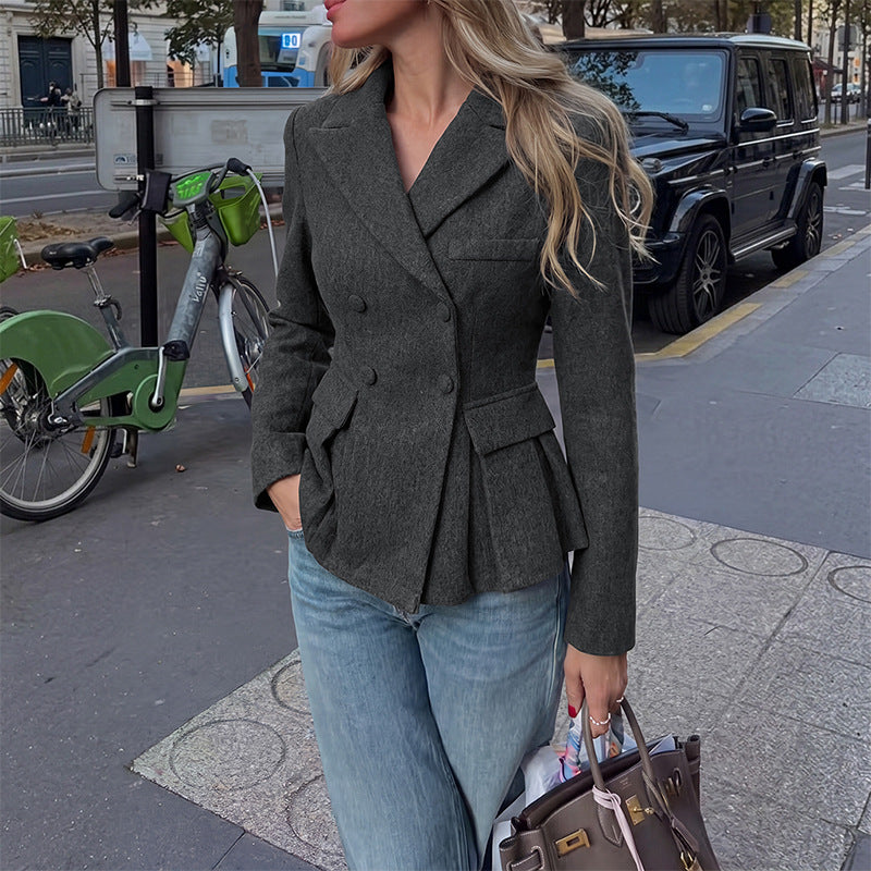 Women's Double Breasted Peplum Blazer with Lapels | Lined, Flap Pockets, Fitted Dark Grey Jacket with Slim Sleeves | Size S-XL