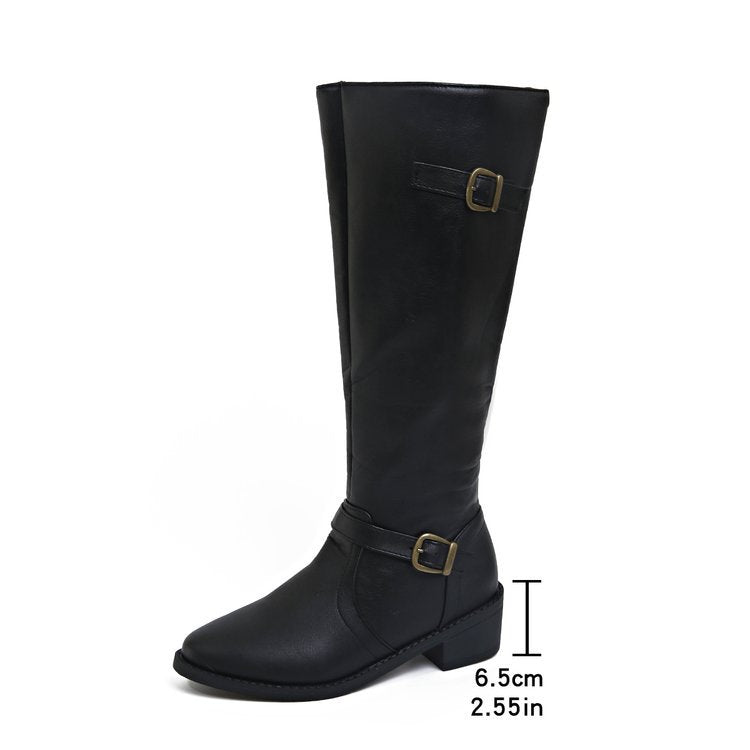 Women's Knee High Riding Boots with Buckle Straps | Leather Look Upper, Block Heel, Grip Rubber Sole | Sizes 5.5-11, 3 Colors