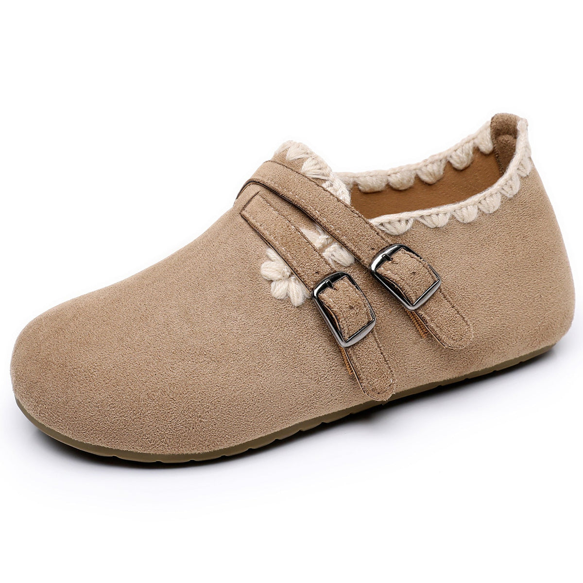 Women's Home Slippers in a Velour Moccasin Cut | Crochet Trim, Double Buckle Straps | Padded Footbed, Sizes 5.5-9.5