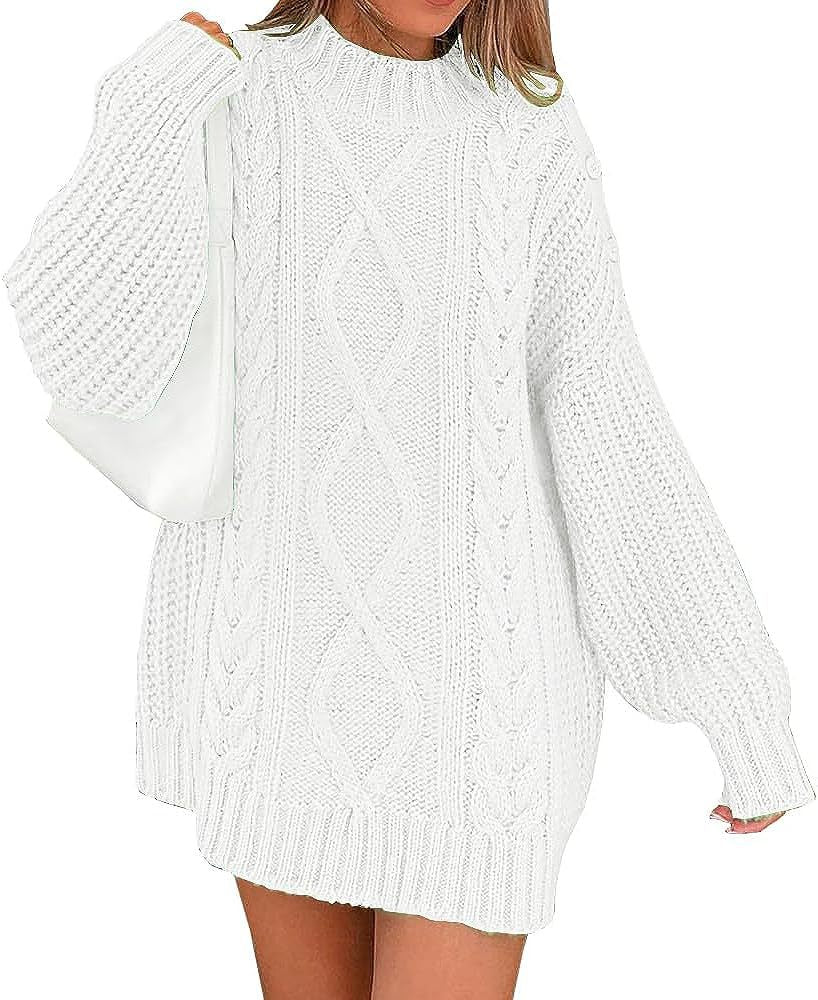 Women's Oversized Sweater Dress with Cable Knit Front | Balloon Sleeves, High Round Neck | Sizes S-XL, 7 Colors