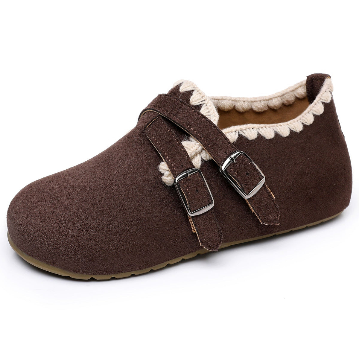 Women's Home Slippers in a Velour Moccasin Cut | Crochet Trim, Double Buckle Straps | Padded Footbed, Sizes 5.5-9.5