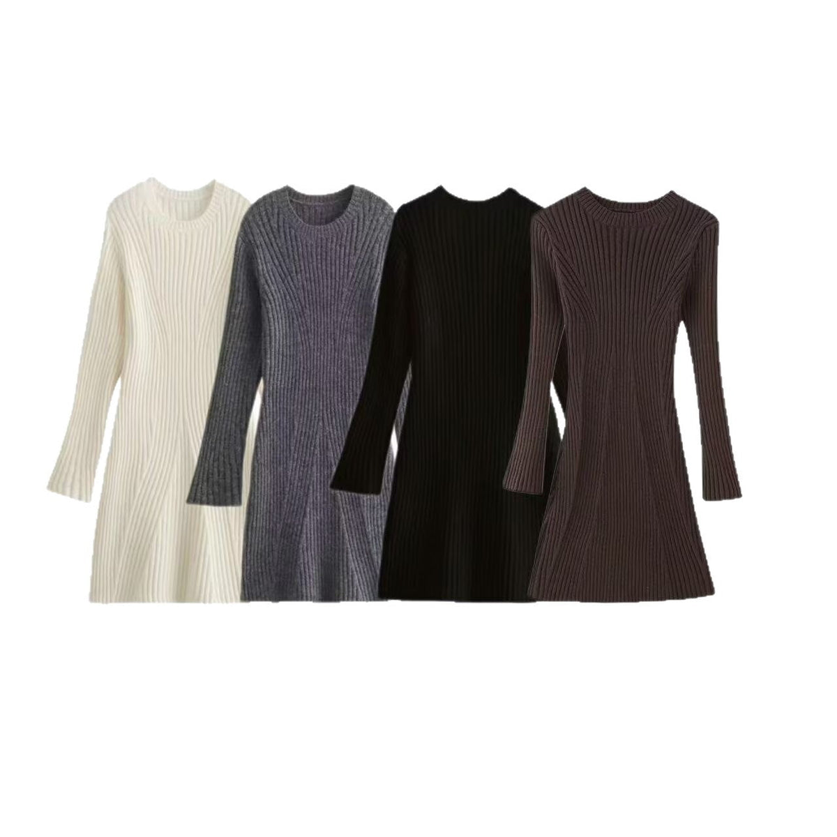 Women's Ribbed Knit Dress with Flared Cuffs | Round Neck, A Line Shape, Long Sleeves | Sizes S-L, 4 Colors