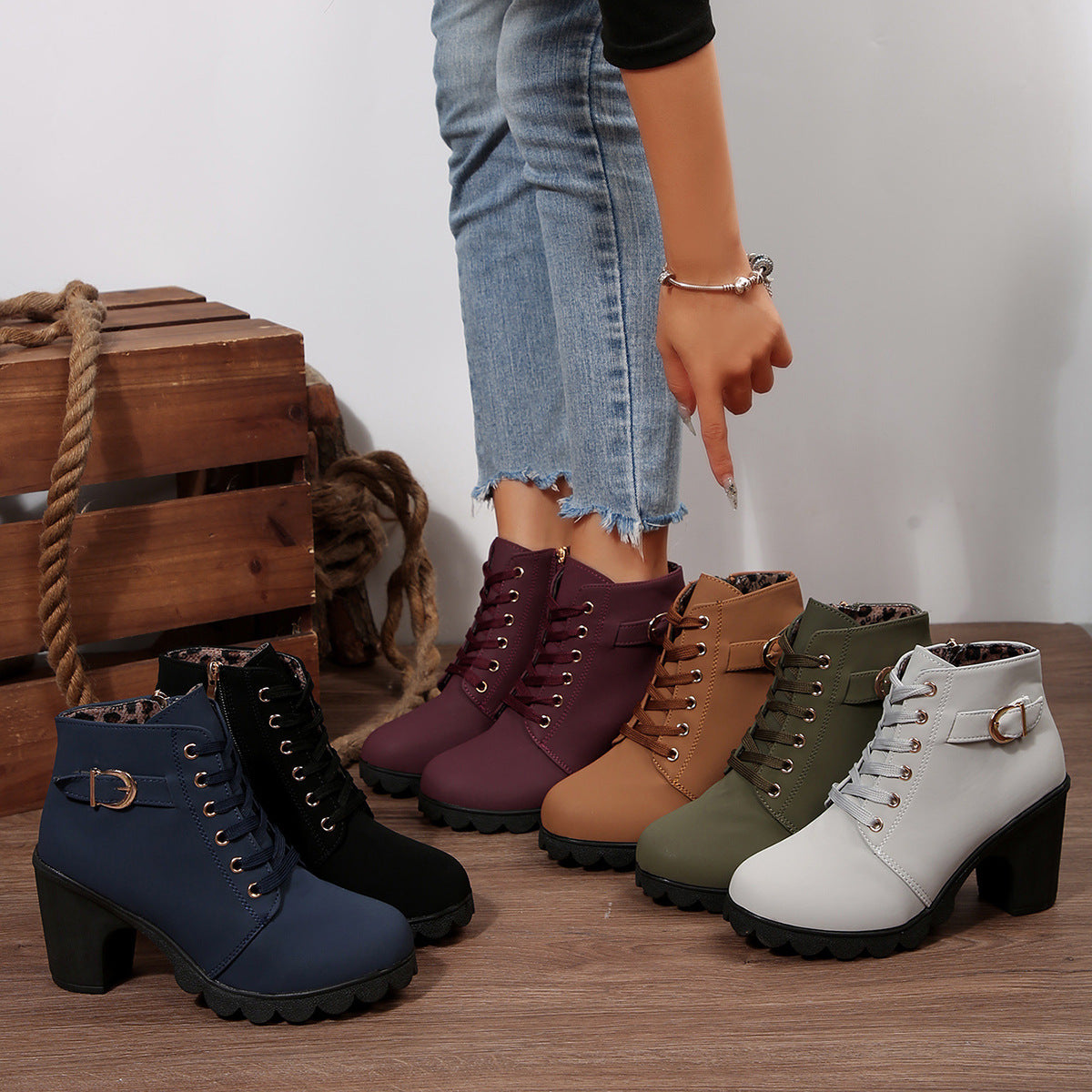 Women's Block Heel Ankle Boots with Gold Tone Eyelets | Buckle Tab, Side Zip, Deep Lug Outsole | Sizes 5.5-10, 6 Colors