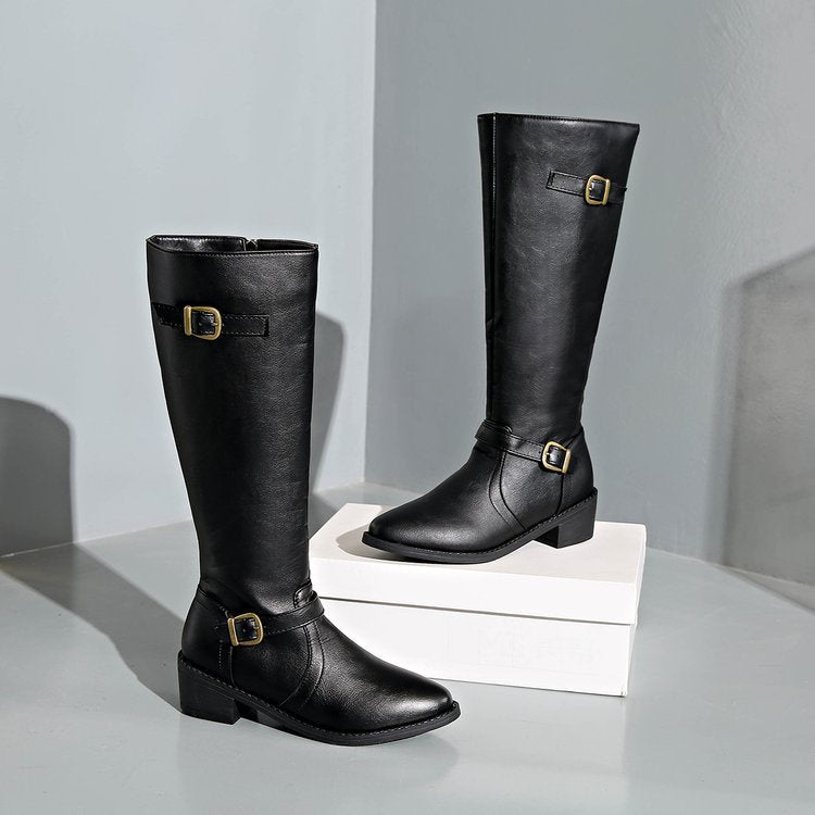 Women's Knee High Riding Boots with Buckle Straps | Leather Look Upper, Block Heel, Grip Rubber Sole | Sizes 5.5-11, 3 Colors