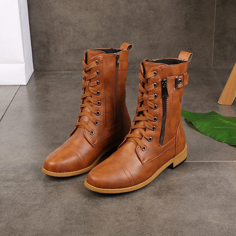 Women's Lace Up Boots in Faux Leather | Side Zip, Buckle Detail, Treaded Sole | Sizes 5.5-11, 4 Colors