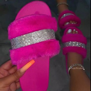 Women's Fur Slippers with a Rhinestone Trim | Fluffy Upper on a Non Slip Rubber Sole | Sizes 5.5 to 11, 8 Colors