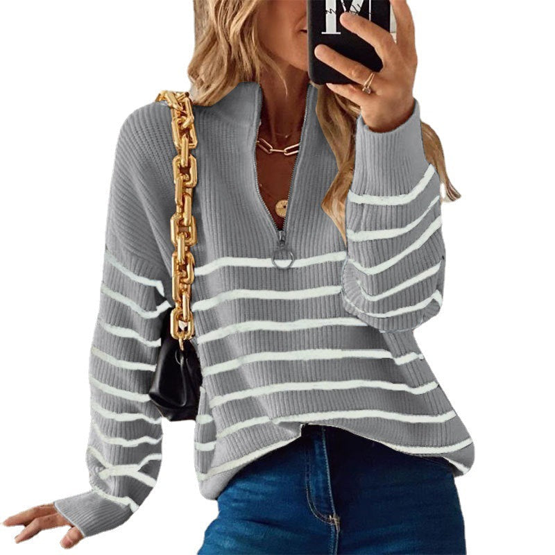 Women's Striped Half Zip Sweater with Ribbed Knit | Relaxed Fit Long Sleeve Pullover for Casual Wear | Size S-XL