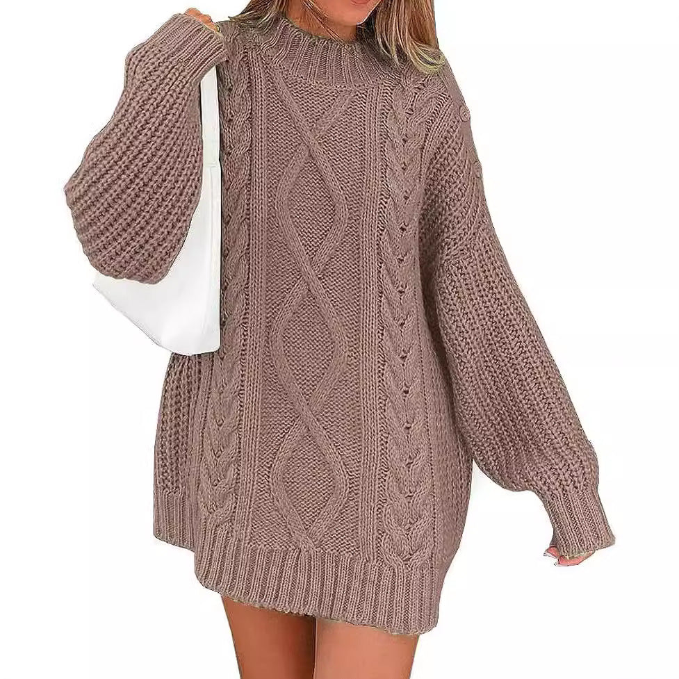 Women's Oversized Sweater Dress with Cable Knit Front | Balloon Sleeves, High Round Neck | Sizes S-XL, 7 Colors