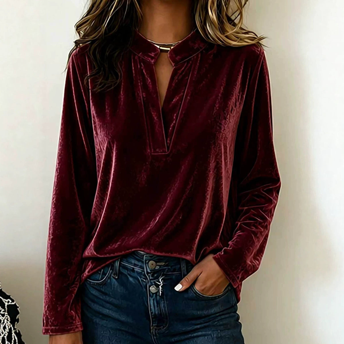 Women's Velvet Top with Stand Collar and Deep V Opening | Long Sleeves, Loose Cut | Sizes S to 3XL