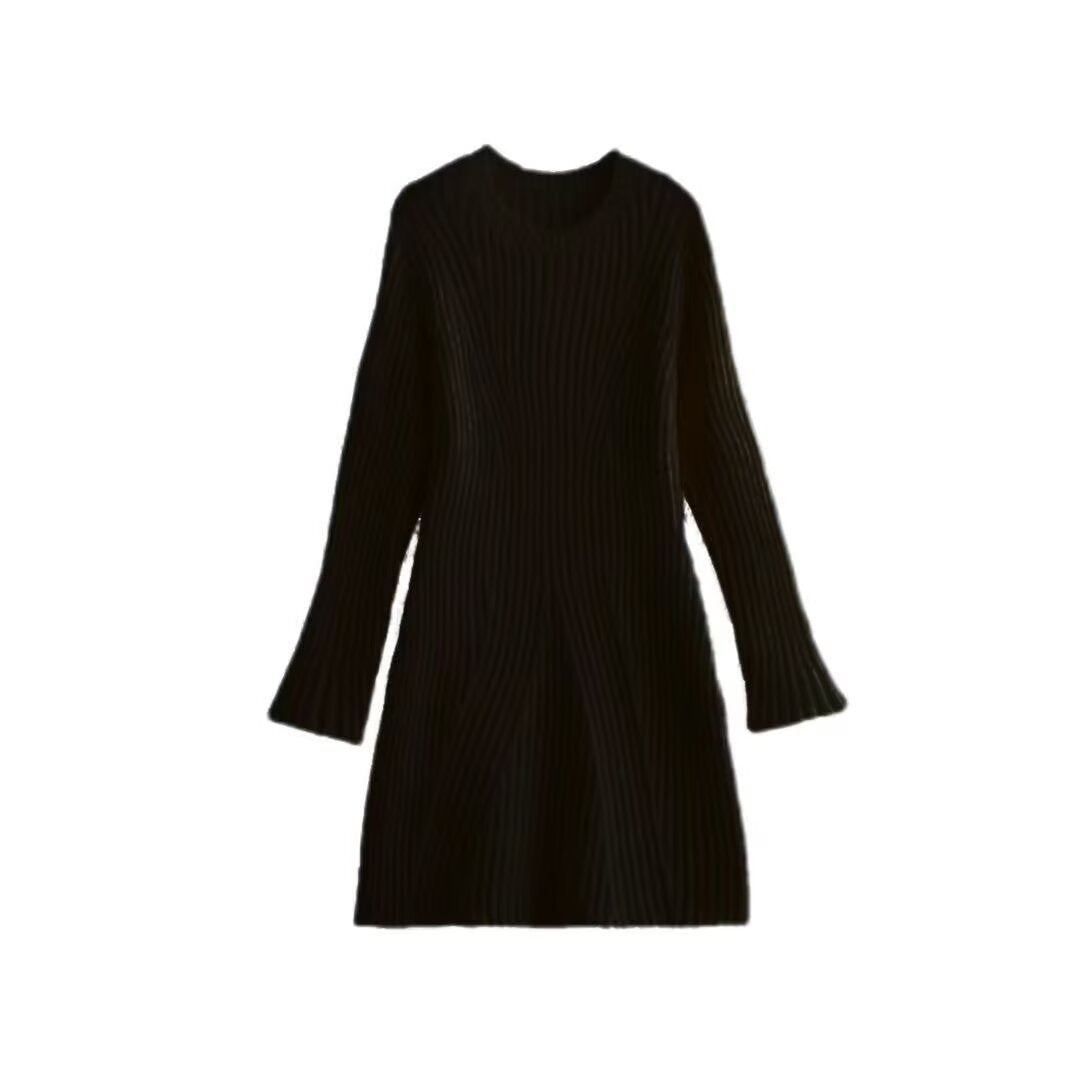 Women's Ribbed Knit Dress with Flared Cuffs | Round Neck, A Line Shape, Long Sleeves | Sizes S-L, 4 Colors